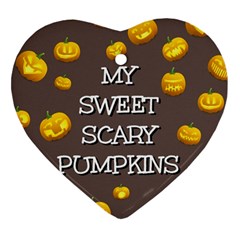 Scary Sweet Funny Cute Pumpkins Hallowen Ecard Ornament (heart) by Amaryn4rt