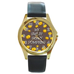 Scary Sweet Funny Cute Pumpkins Hallowen Ecard Round Gold Metal Watch by Amaryn4rt