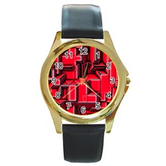 Background With Red Texture Blocks Round Gold Metal Watch by Amaryn4rt