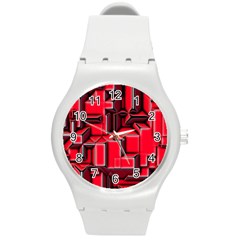 Background With Red Texture Blocks Round Plastic Sport Watch (m) by Amaryn4rt