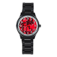 Background With Red Texture Blocks Stainless Steel Round Watch by Amaryn4rt