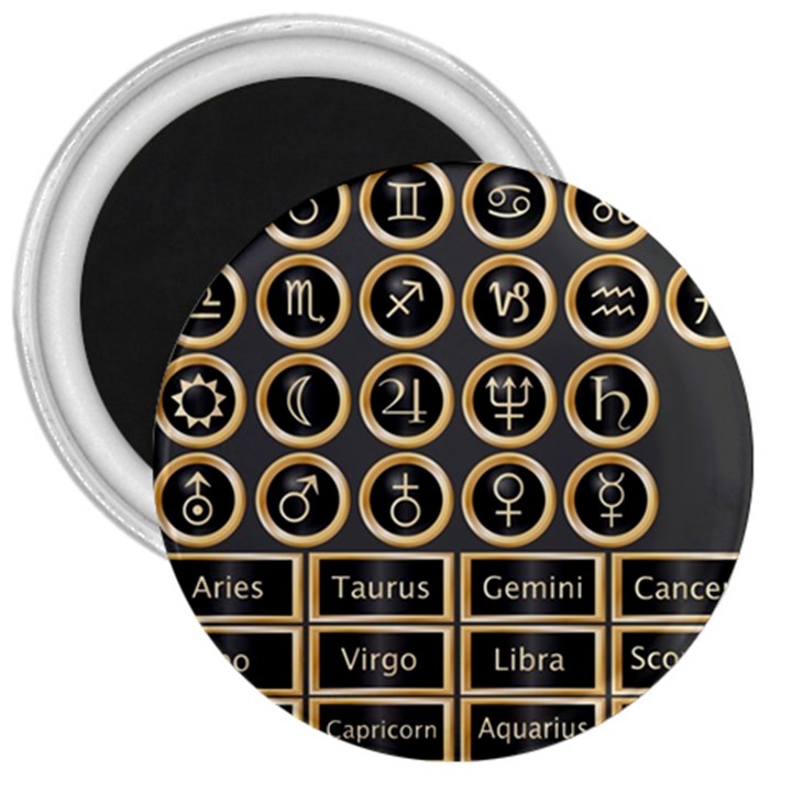 Black And Gold Buttons And Bars Depicting The Signs Of The Astrology Symbols 3  Magnets