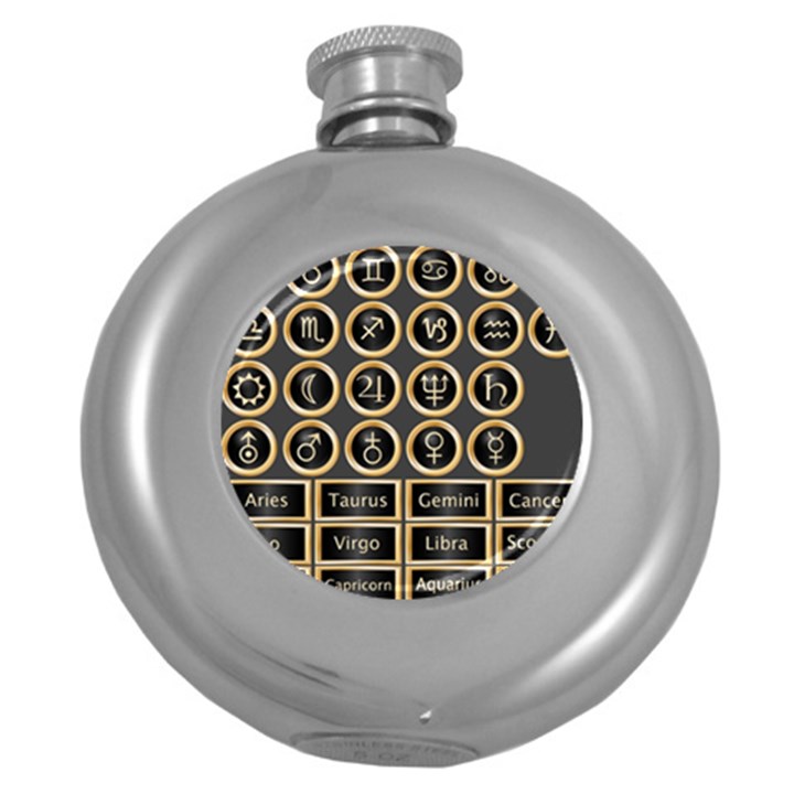 Black And Gold Buttons And Bars Depicting The Signs Of The Astrology Symbols Round Hip Flask (5 oz)