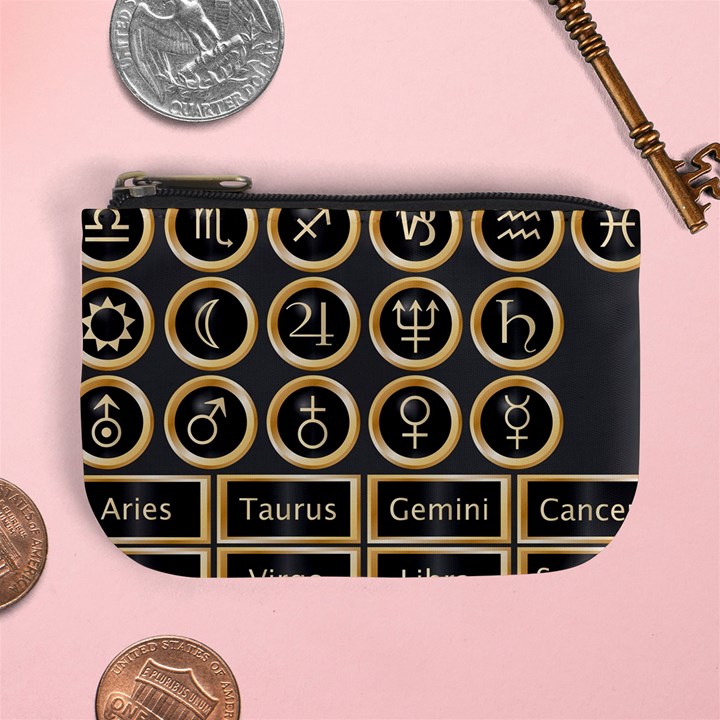 Black And Gold Buttons And Bars Depicting The Signs Of The Astrology Symbols Mini Coin Purses