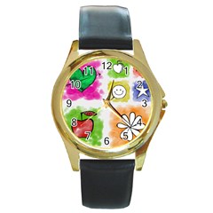 A Set Of Watercolour Icons Round Gold Metal Watch by Amaryn4rt