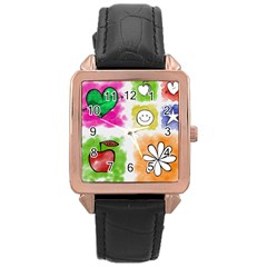 A Set Of Watercolour Icons Rose Gold Leather Watch  by Amaryn4rt