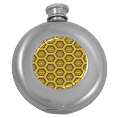 Golden 3d Hexagon Background Round Hip Flask (5 Oz) by Amaryn4rt