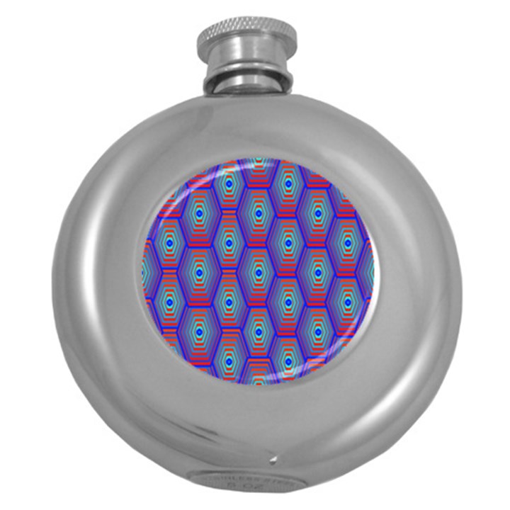 Red Blue Bee Hive Pattern Round Hip Flask (5 oz)