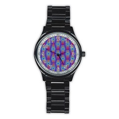 Red Blue Bee Hive Pattern Stainless Steel Round Watch by Amaryn4rt