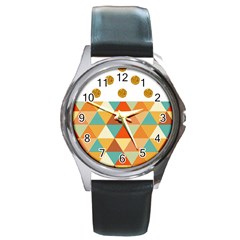 Golden Dots And Triangles Patern Round Metal Watch by TastefulDesigns