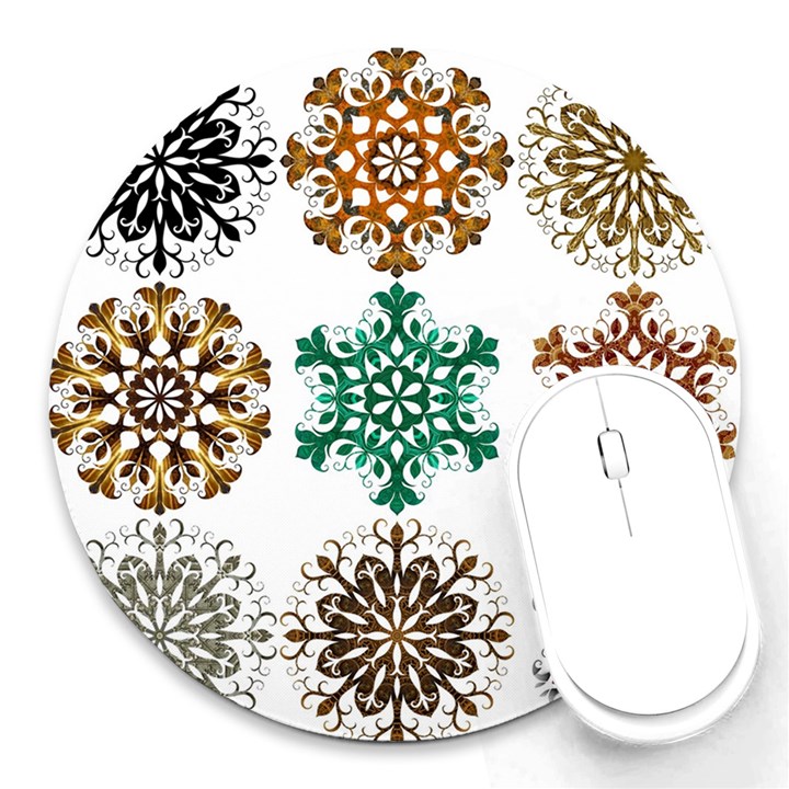 A Set Of 9 Nine Snowflakes On White Round Mousepads