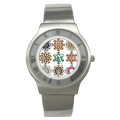 A Set Of 9 Nine Snowflakes On White Stainless Steel Watch by Amaryn4rt