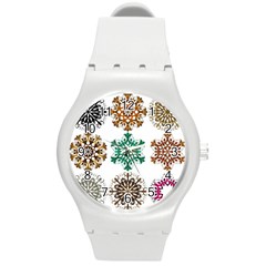 A Set Of 9 Nine Snowflakes On White Round Plastic Sport Watch (m) by Amaryn4rt