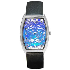 Background Fabric With Tiger Head Pattern Barrel Style Metal Watch