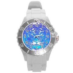 Background Fabric With Tiger Head Pattern Round Plastic Sport Watch (L)