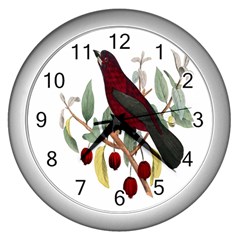 Bird On Branch Illustration Wall Clocks (silver)  by Amaryn4rt