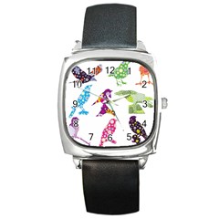 Birds Colorful Floral Funky Square Metal Watch by Amaryn4rt