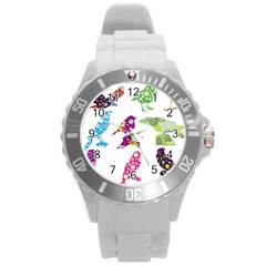 Birds Colorful Floral Funky Round Plastic Sport Watch (l) by Amaryn4rt