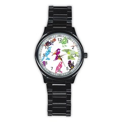 Birds Colorful Floral Funky Stainless Steel Round Watch by Amaryn4rt