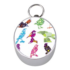 Birds Colorful Floral Funky Mini Silver Compasses