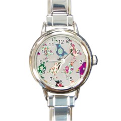 Birds Floral Pattern Wallpaper Round Italian Charm Watch by Amaryn4rt