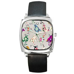 Birds Floral Pattern Wallpaper Square Metal Watch by Amaryn4rt