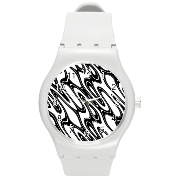 Black And White Wave Abstract Round Plastic Sport Watch (M)