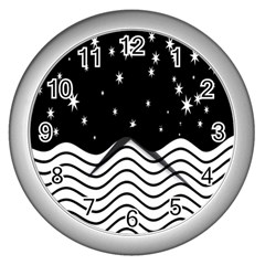 Black And White Waves And Stars Abstract Backdrop Clipart Wall Clocks (silver)  by Amaryn4rt