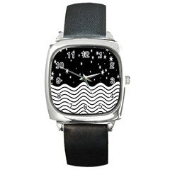 Black And White Waves And Stars Abstract Backdrop Clipart Square Metal Watch by Amaryn4rt