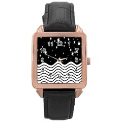 Black And White Waves And Stars Abstract Backdrop Clipart Rose Gold Leather Watch  by Amaryn4rt