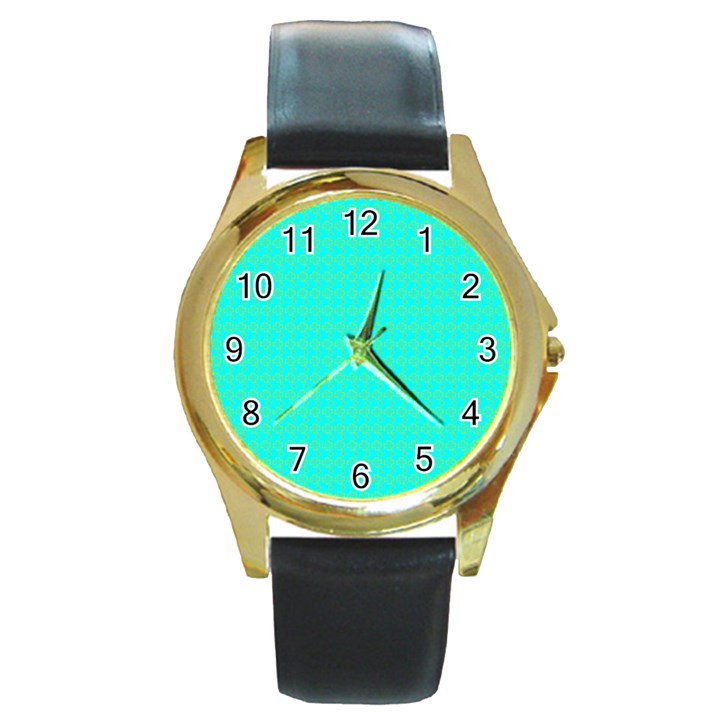 Clovers On Blue Round Gold Metal Watch