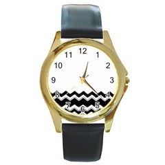 Chevrons Black Pattern Background Round Gold Metal Watch by Amaryn4rt