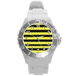 Yellow Black Chevron Wave Round Plastic Sport Watch (L) Front