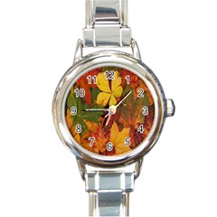 Colorful Autumn Leaves Leaf Background Round Italian Charm Watch by Amaryn4rt