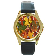 Colorful Autumn Leaves Leaf Background Round Gold Metal Watch by Amaryn4rt