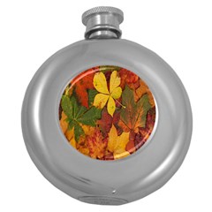 Colorful Autumn Leaves Leaf Background Round Hip Flask (5 Oz) by Amaryn4rt