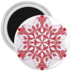 Red Pattern Filigree Snowflake On White 3  Magnets