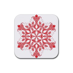 Red Pattern Filigree Snowflake On White Rubber Coaster (square)  by Amaryn4rt