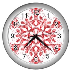 Red Pattern Filigree Snowflake On White Wall Clocks (silver)  by Amaryn4rt