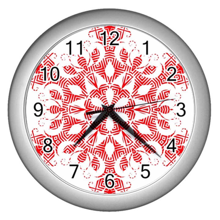 Red Pattern Filigree Snowflake On White Wall Clocks (Silver) 