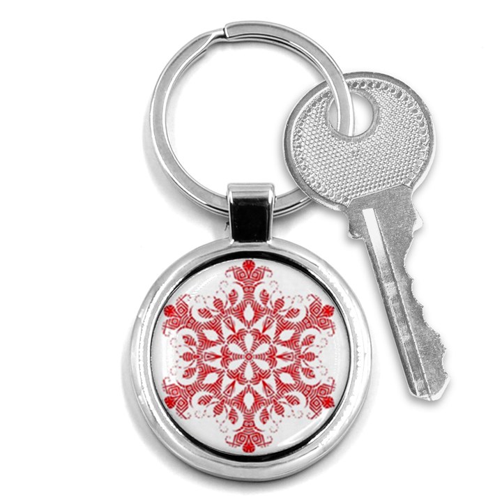 Red Pattern Filigree Snowflake On White Key Chains (Round) 