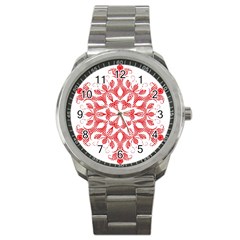 Red Pattern Filigree Snowflake On White Sport Metal Watch