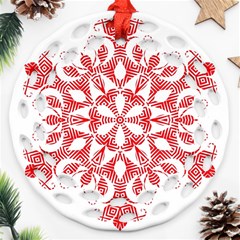 Red Pattern Filigree Snowflake On White Round Filigree Ornament (Two Sides)