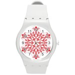 Red Pattern Filigree Snowflake On White Round Plastic Sport Watch (M) Front