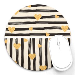 Black Lines And Golden Hearts Pattern Round Mousepads by TastefulDesigns