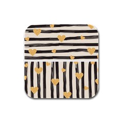 Black Lines And Golden Hearts Pattern Rubber Square Coaster (4 Pack)  by TastefulDesigns