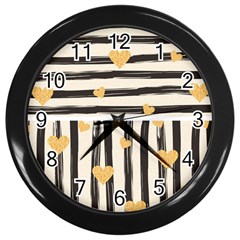 Black Lines And Golden Hearts Pattern Wall Clocks (black) by TastefulDesigns