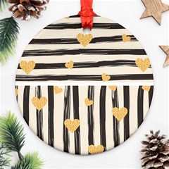 Black Lines And Golden Hearts Pattern Round Ornament (two Sides)