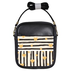 Black Lines And Golden Hearts Pattern Girls Sling Bags by TastefulDesigns