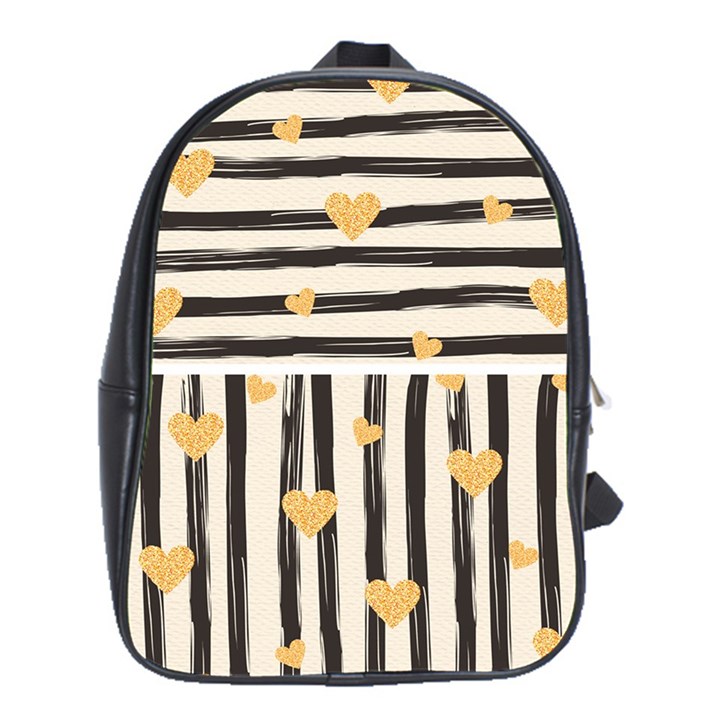 Black lines and golden hearts pattern School Bags (XL) 